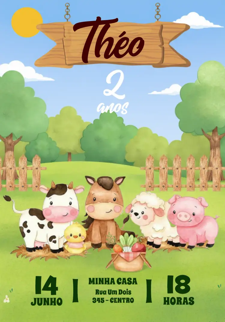 Convite Fazendinha Animais – tema Mais pesquisados colorido, aquarela, divertido, infantil, rústico