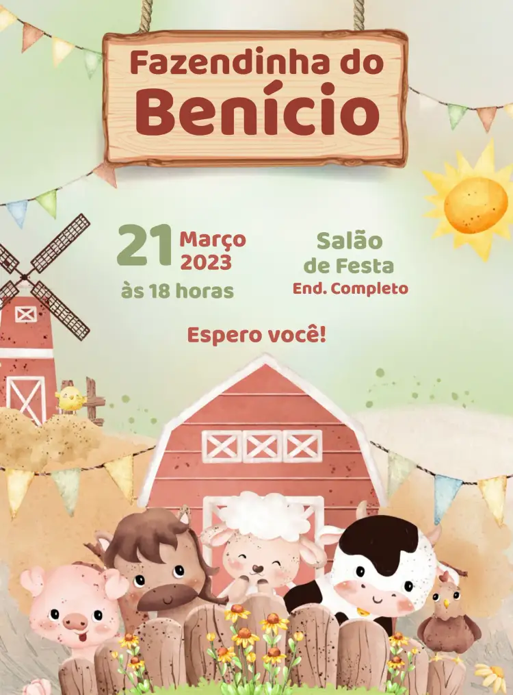 Convite Fazendinha Bichinhos – tema Mais pesquisados colorido, rural, divertido, ilustração infantil, animais da fazenda, estilo vintage