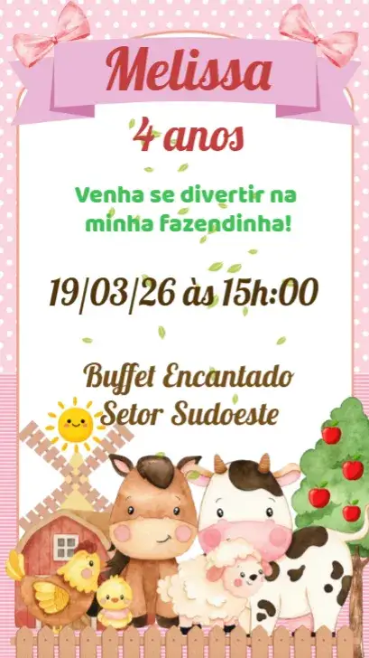 Invitación Fazendinha Menina – tema Aniversário Infantil rural, colorido, divertido, fofo, natureza, animais