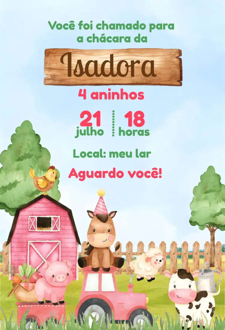 Convite Fazendinha Menina Colorido