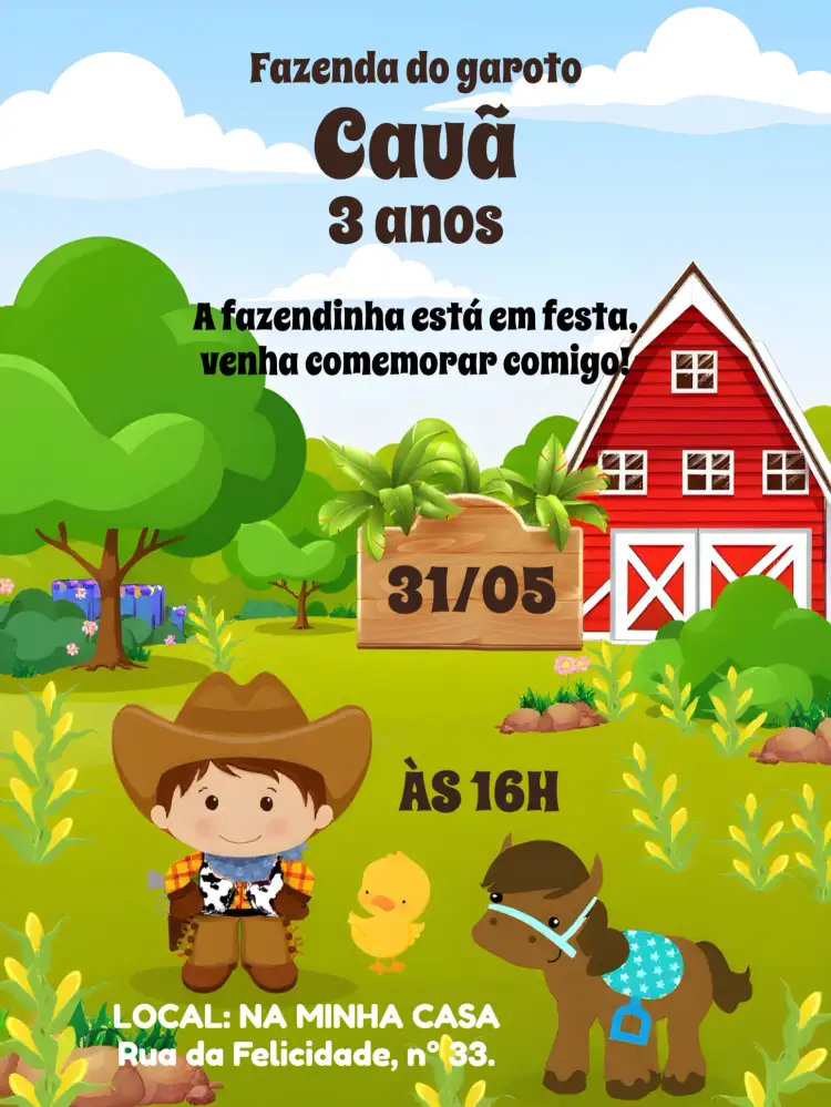 Convite Fazendinha Menino – tema Mais pesquisados rural, colorido, divertido, vintage, temático