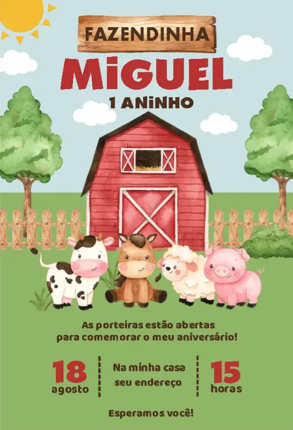 Convite Fazendinha Menino Aquarelado – tema Aniversário Infantil aquarela, colorido, rústico, divertido, natural, pastoral