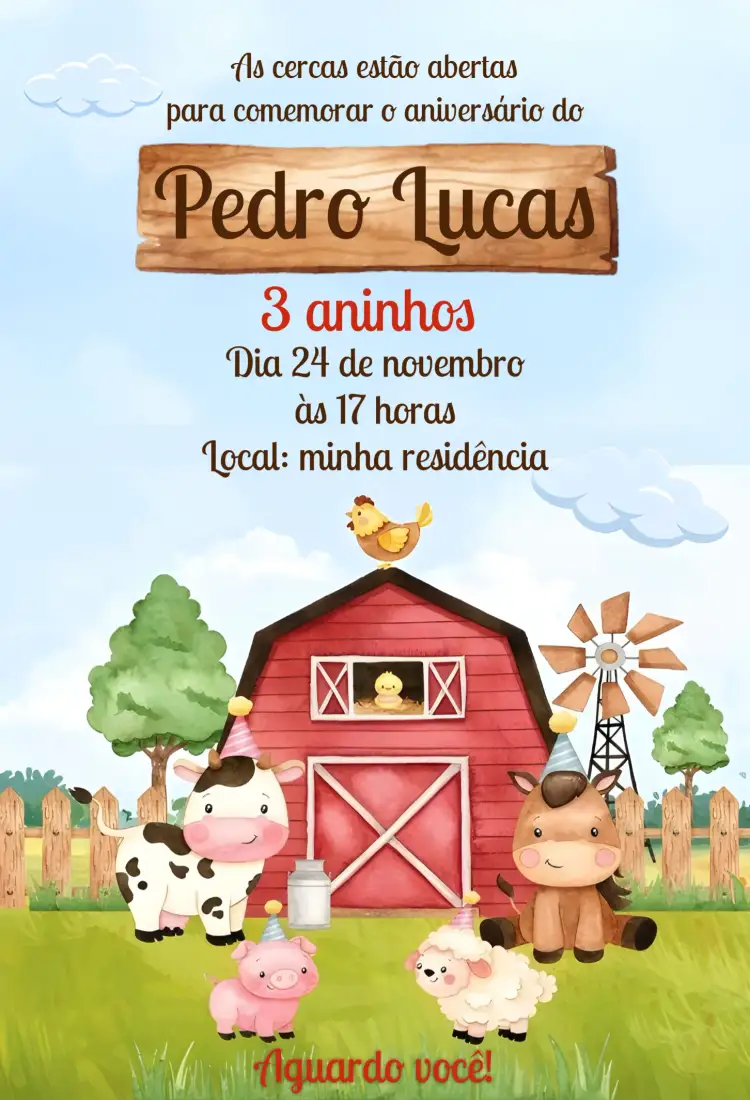 Convite Fazendinha Menino Colorido – tema Mais pesquisados colorido, lúdico, natureza, aquarela, rústico, divertido