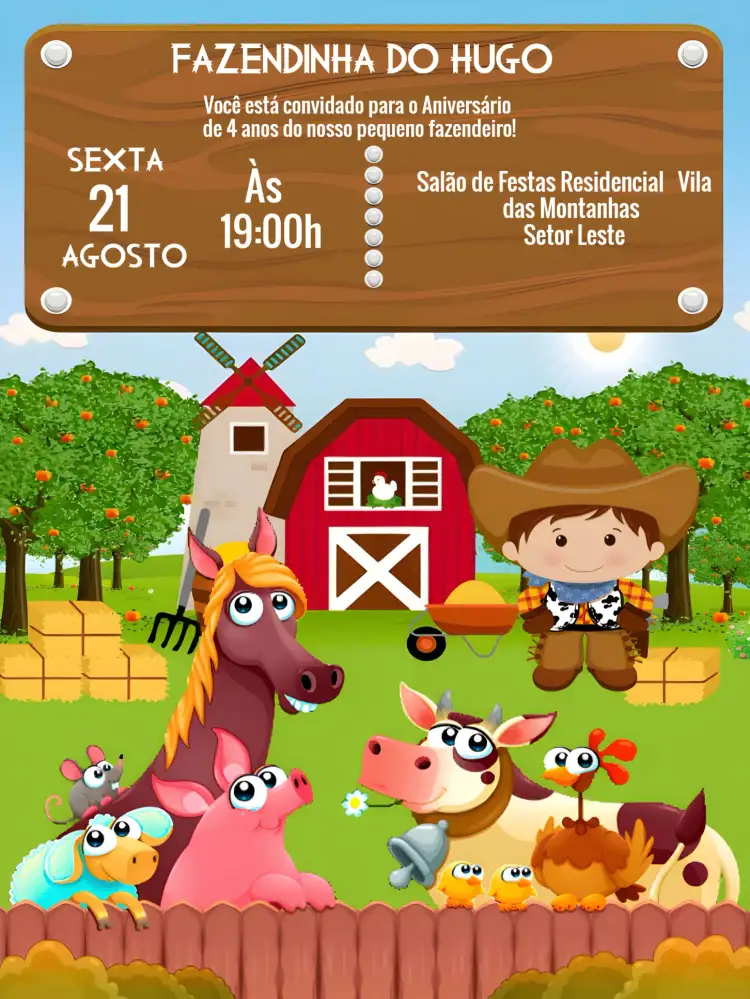 Convite Fazendinha Personagens – tema Mais pesquisados colorido, campestre, divertido, ilustrações de personagens, moderno