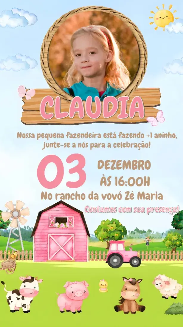 Convite Fazendinha Rosa Com Foto Aquarela
