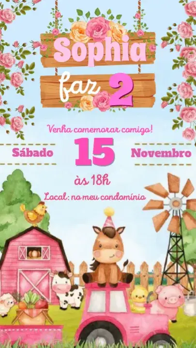 Convite Fazendinha Rosa – tema Aniversário Infantil rosa, lilás, aquarela, feminino, fofo, rural