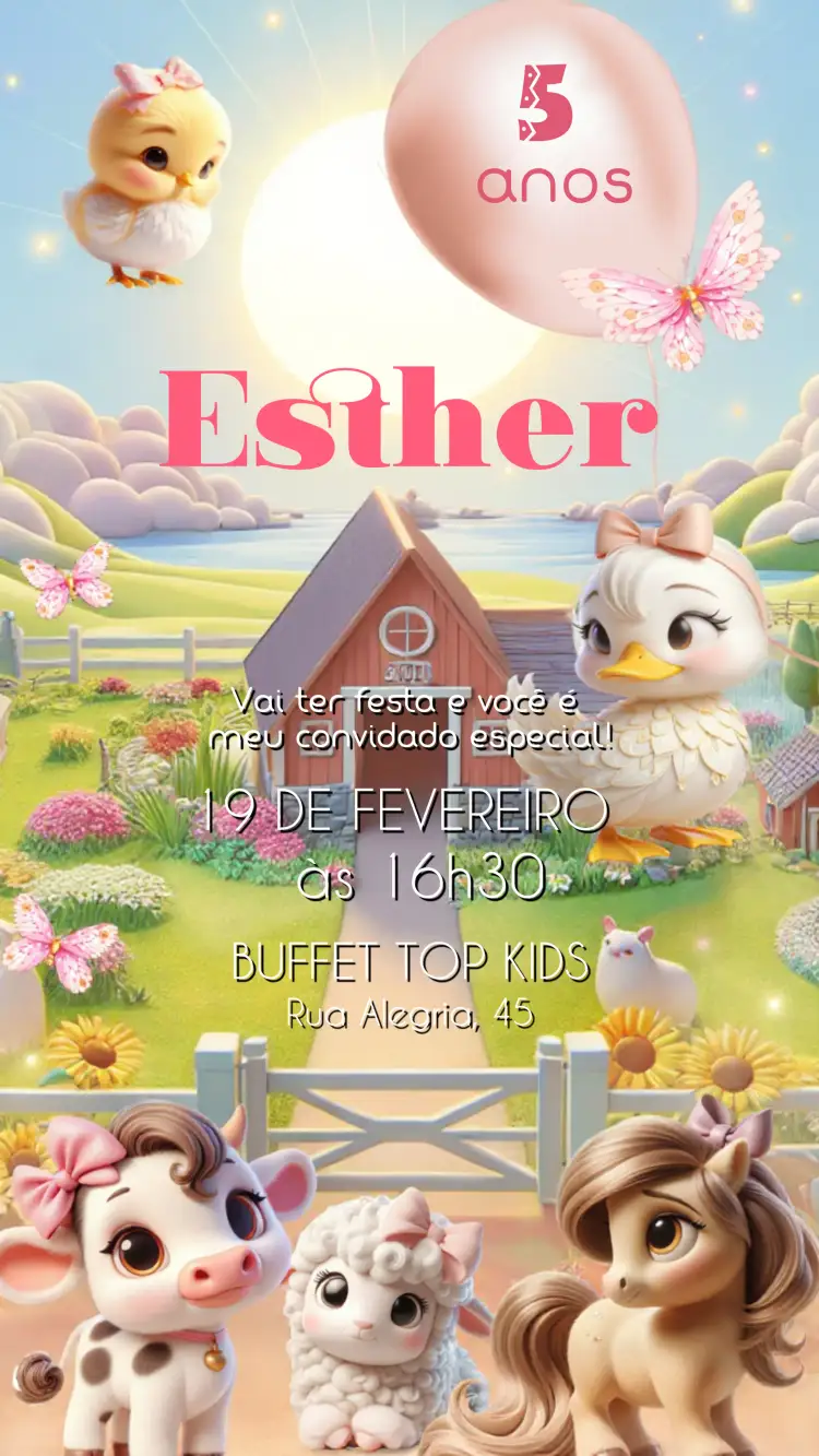 Convite Fazendinha Rosa Infantil – tema Mais pesquisados rosa, rural, animais, divertido, colorido, infantil