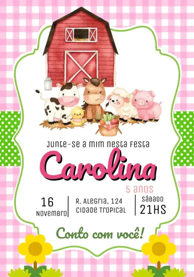 Convite Fazendinha Rosa Pink – tema Aniversário Infantil rosa, farm, lúdico, infantil, colorido, temático