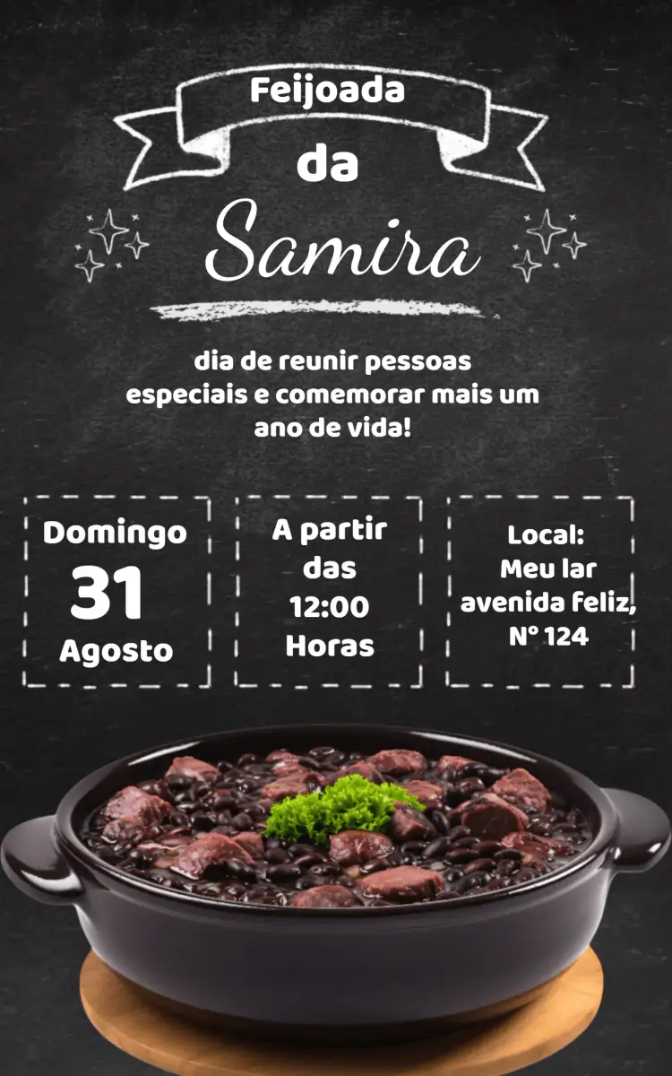Convite Feijoada Almoço – tema Aniversário Feijoada, Rústico, Lousa