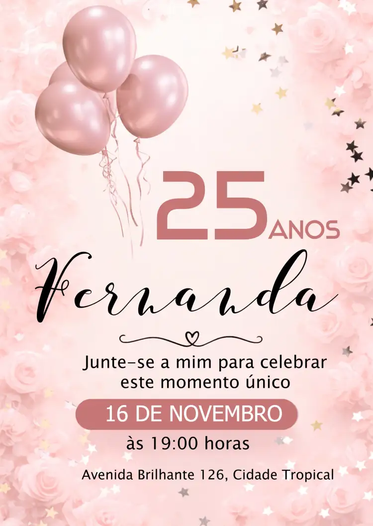 Convite Feminino Estrela – tema Aniversário minimalista, rosa, dourado, elegante, moderno