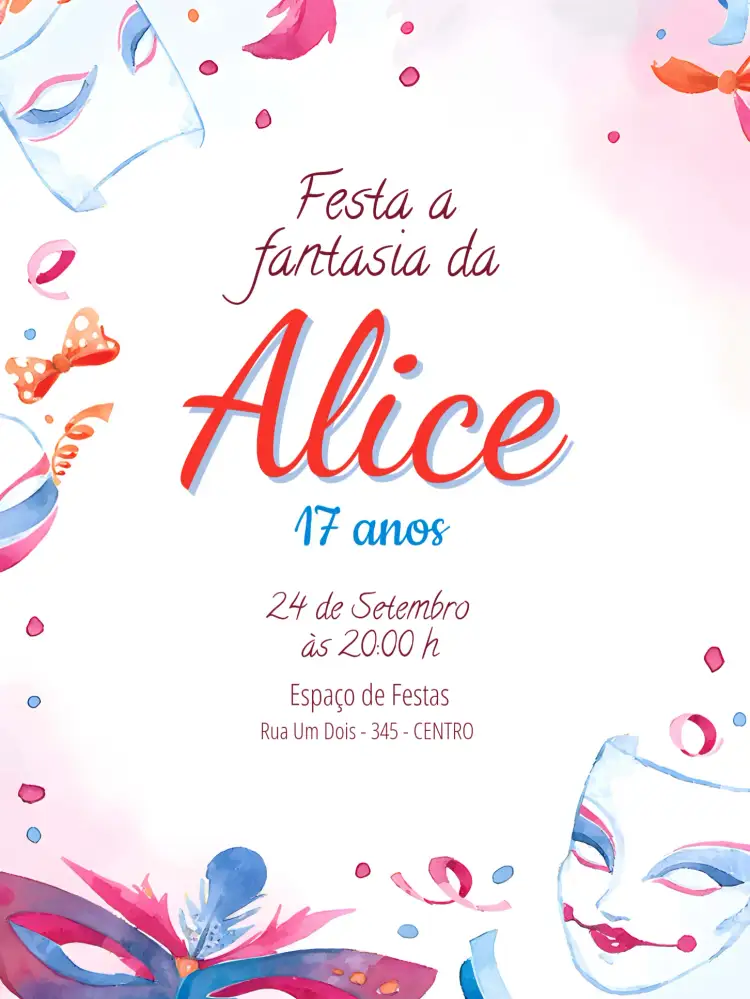 Convite Festa A Fantasia Mulher – tema Datas Comemorativas colorido, divertido, temático, vibrante, animado, carnaval