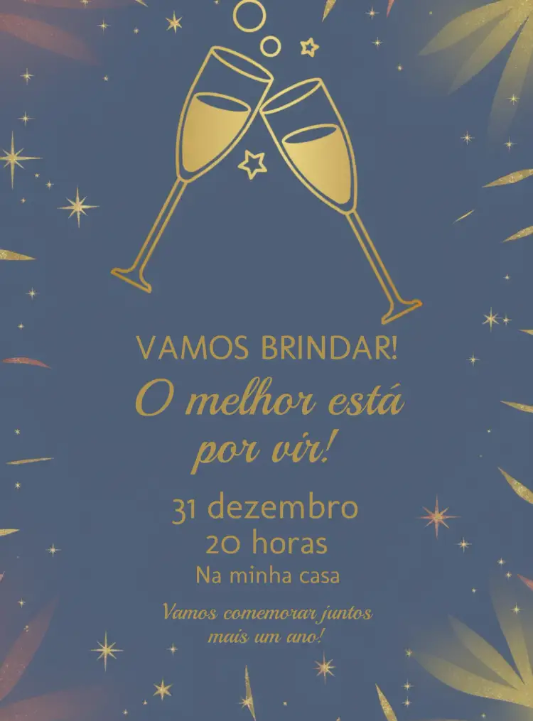 Convite Festa Ano Novo Azul – tema Datas Comemorativas azul, dourado, elegante, moderno, festivo