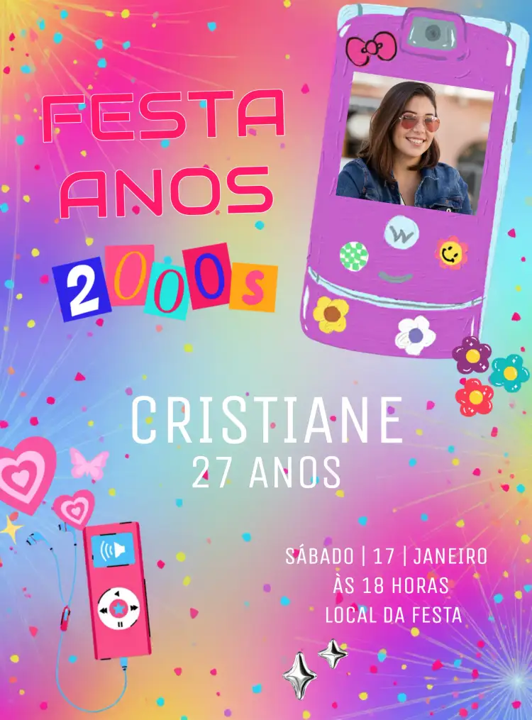 Convite Festa Anos 2000 Com Foto 2000s – tema 15 anos retro, vintage, colorido, jovem, moderno