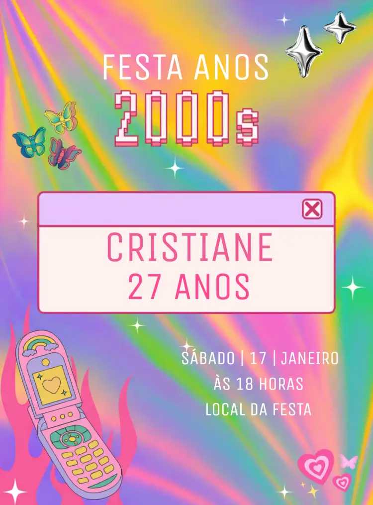 Convite Festa Anos 2000 Retro – tema 15 anos retro, vintage, colorido, divertido, jovem, nostálgico