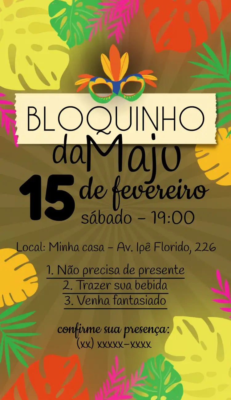 Convite Festa Carnaval Comemoração – tema Datas Comemorativas colorido, festivo, divertido, brilhante, tropical, alegre