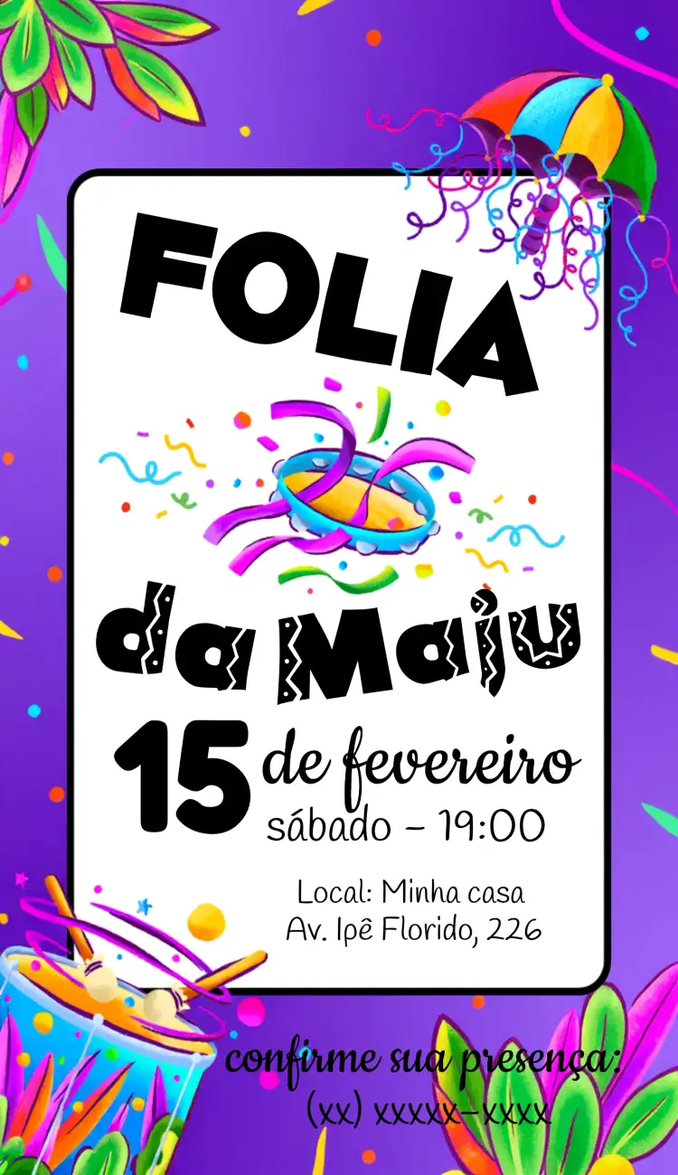 Convite Festa Carnaval Confete – tema Datas Comemorativas colorido, festivo, brilhante, divertido, tropical
