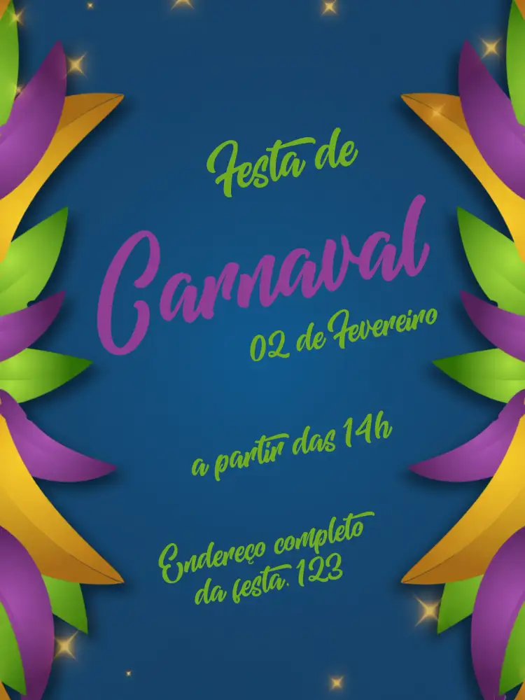 Convite Festa Carnaval Roxo – tema Datas Comemorativas roxo vibrante, azul alegre, máscaras coloridas, confetes, estilo festivo, design moderno