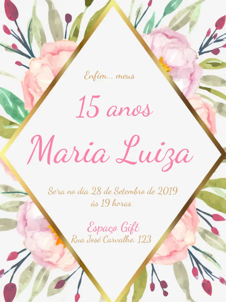 Convite Festa De 15 Anos Floral Na Praia Praiano – tema 15 anos floral, praiano, colorido, dourado, verão, romântico