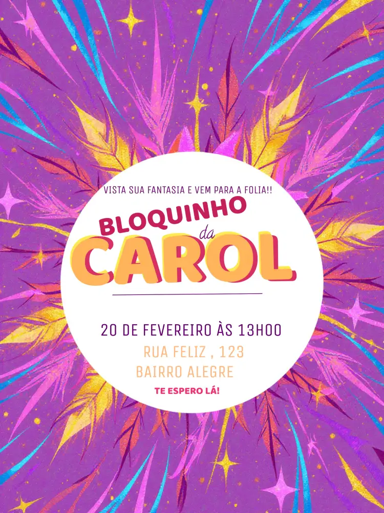 Convite Festa De Carnaval Bloco – tema Datas Comemorativas colorido, festivo, brincalhão, vibrante, tropical