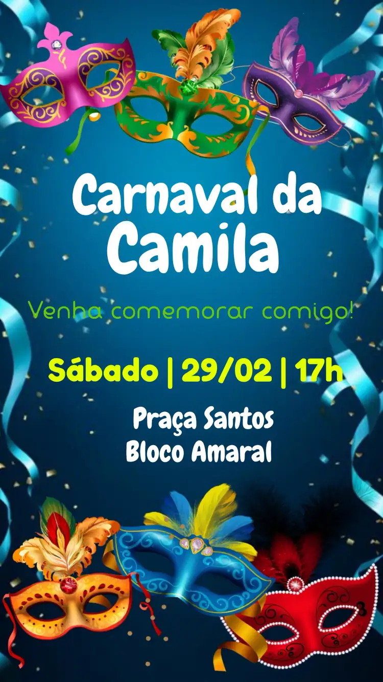Convite Festa De Carnaval Colorido – tema Datas Comemorativas colorido, brilhante, divertido, tropical, festivo