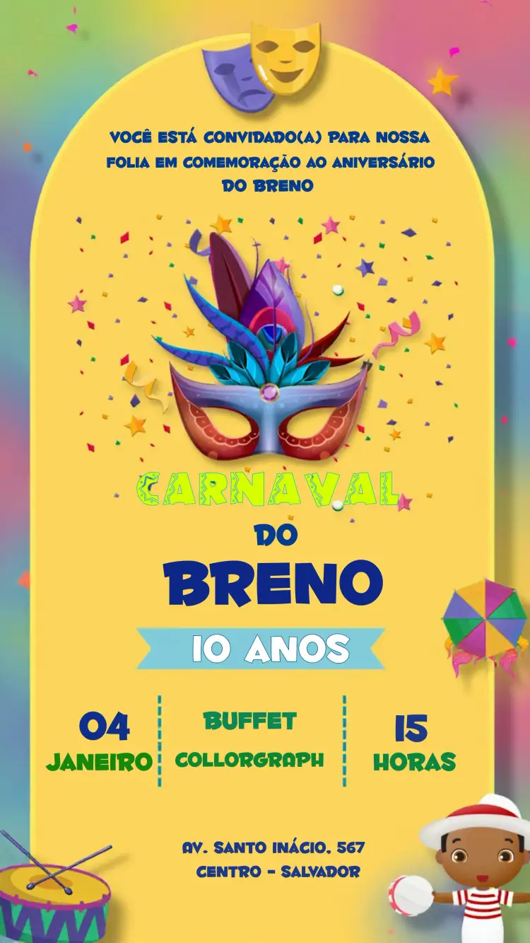 Convite Festa De Carnaval Folia – tema Datas Comemorativas colorido, divertido, tropical, brincalhão, folclórico, vibrante