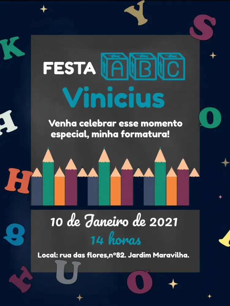 Convite Festa De Formatura Infantil Abc – tema Formatura colorido, lúdico, moderno, divertido, educacional