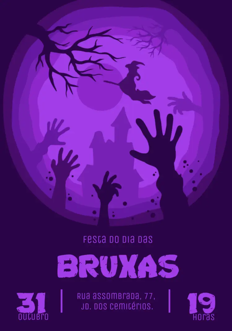 Convite Festa De Halloween Assombrada – tema Datas Comemorativas roxo, terror, assombrado, bruxas, cemitério, vintage