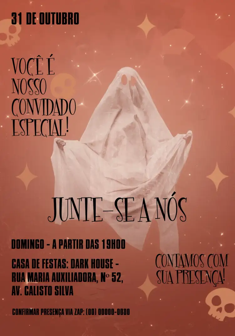 Convite Festa De Halloween Branco – tema Datas Comemorativas branco, preto, laranja, lúdico, temático, divertido