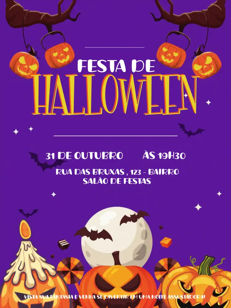 Convite Festa De Halloween Bruxa – tema Datas Comemorativas roxo e laranja, estilo místico, elementos gráficos de Halloween, design divertido, atmosfera assustadora, detalhes encantadores