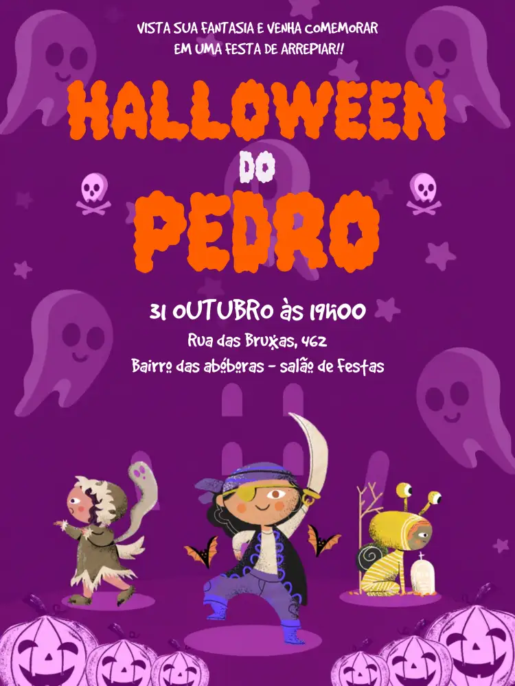 Convite Festa De Halloween Bruxas – tema Datas Comemorativas temática de Halloween, cores escuras, elementos gráficos de bruxas, estilo divertido, ilustrações de fantasmas, abóboras e morcegos