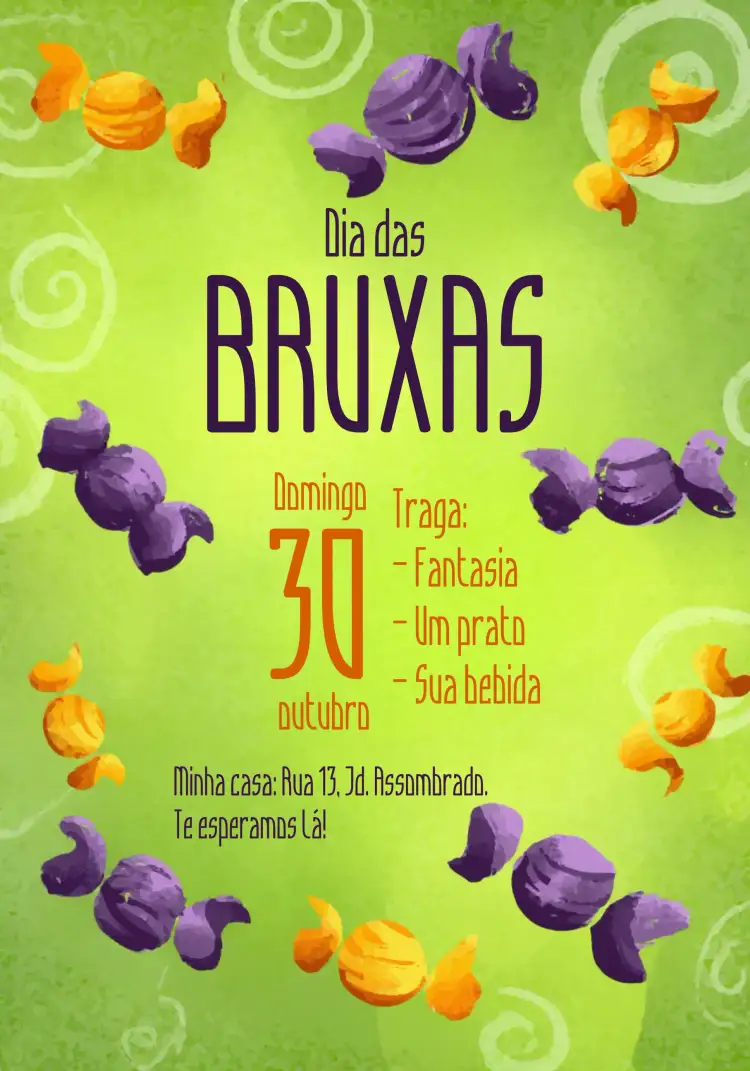 Convite Festa De Halloween Colorido – tema Datas Comemorativas colorido, terror, fantasia, doces, mágico