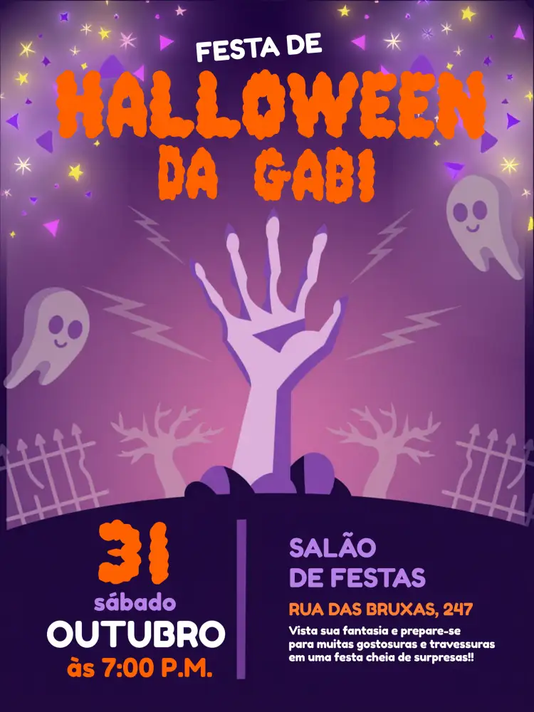 Convite Festa De Halloween Das – tema Datas Comemorativas cores vibrantes, elementos gráficos de Halloween, estilo divertido, fantasias e bruxas, design contemporâneo, toques de mistério