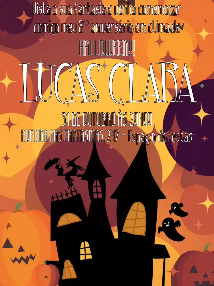 Convite Festa De Halloween Das – tema Datas Comemorativas escuro, fantasmagórico, bruxas, elementos góticos, cores vibrantes, ilustrações divertidas