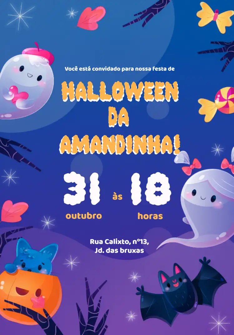 Convite Festa De Halloween Das – tema Datas Comemorativas colorido, halloween, fantasmas, abóboras, morcegos, terror