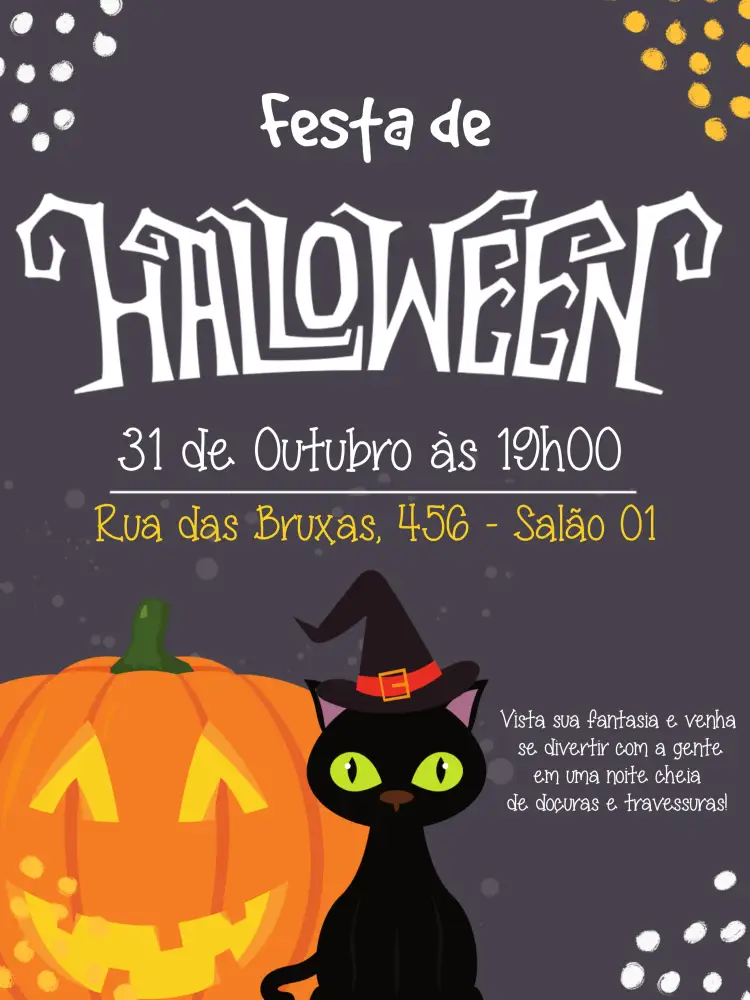 Convite Festa De Halloween Dia – tema Datas Comemorativas escuro e misterioso, cores vibrantes, elementos gráficos de Halloween, design festivo, bruxas e abóboras, estilo divertido