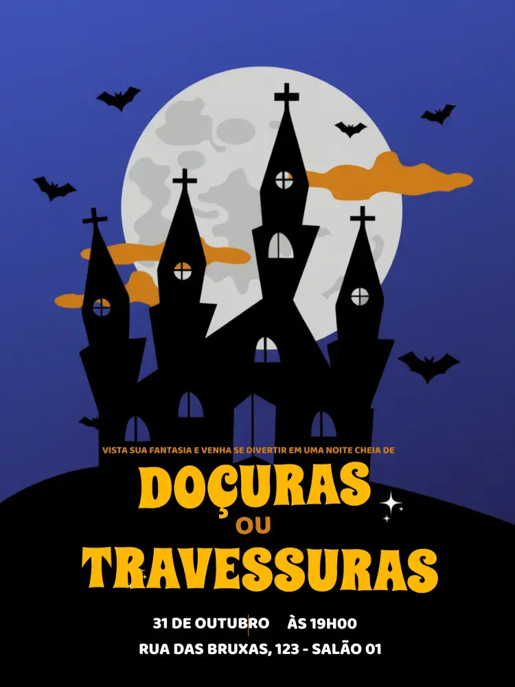 Convite Festa De Halloween Dia – tema Datas Comemorativas cores vibrantes, elementos gráficos de Halloween, estilo divertido, fantasia e mistério, atmosfera lúdica