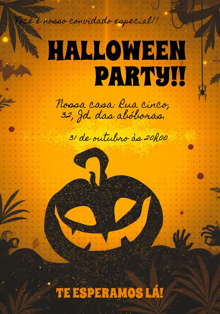 Convite Festa De Halloween Morcego – tema Datas Comemorativas laranja e preto, elementos de terror, morcegos, aranhas, abóboras, estilo divertido