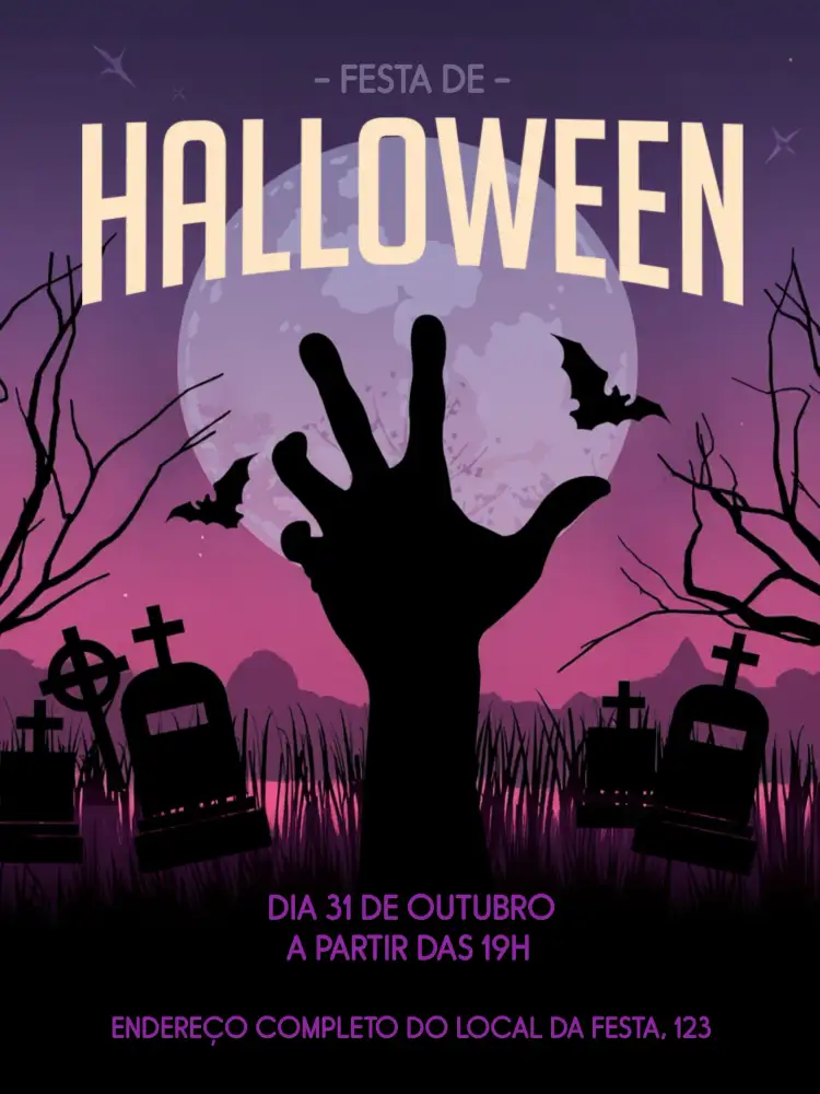 Convite Festa De Halloween Zombie – tema Datas Comemorativas roxo, preto, gótico, supernatural, divertido, horror