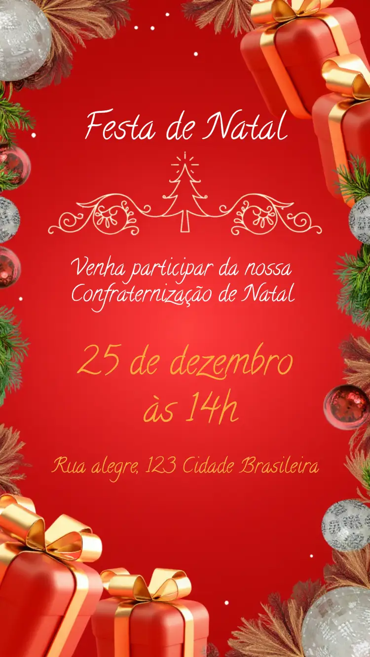 Convite Festa De Natal Árvore – tema Datas Comemorativas natalino, verde e vermelho, ilustrações de Natal, minimalista, festivo, dourado