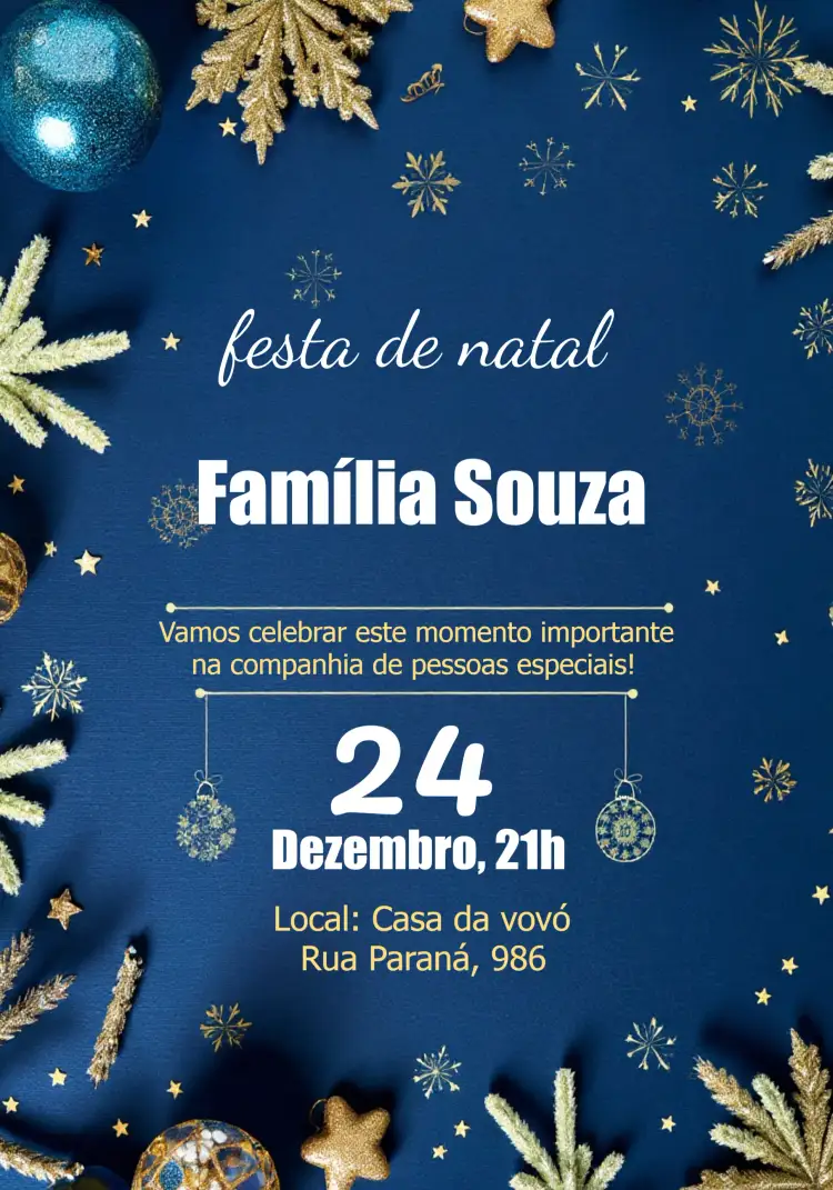 Convite Festa De Natal Azul E Dourado Merry – tema Datas Comemorativas azul, dourado, elegante, moderno, festivo, sustentável
