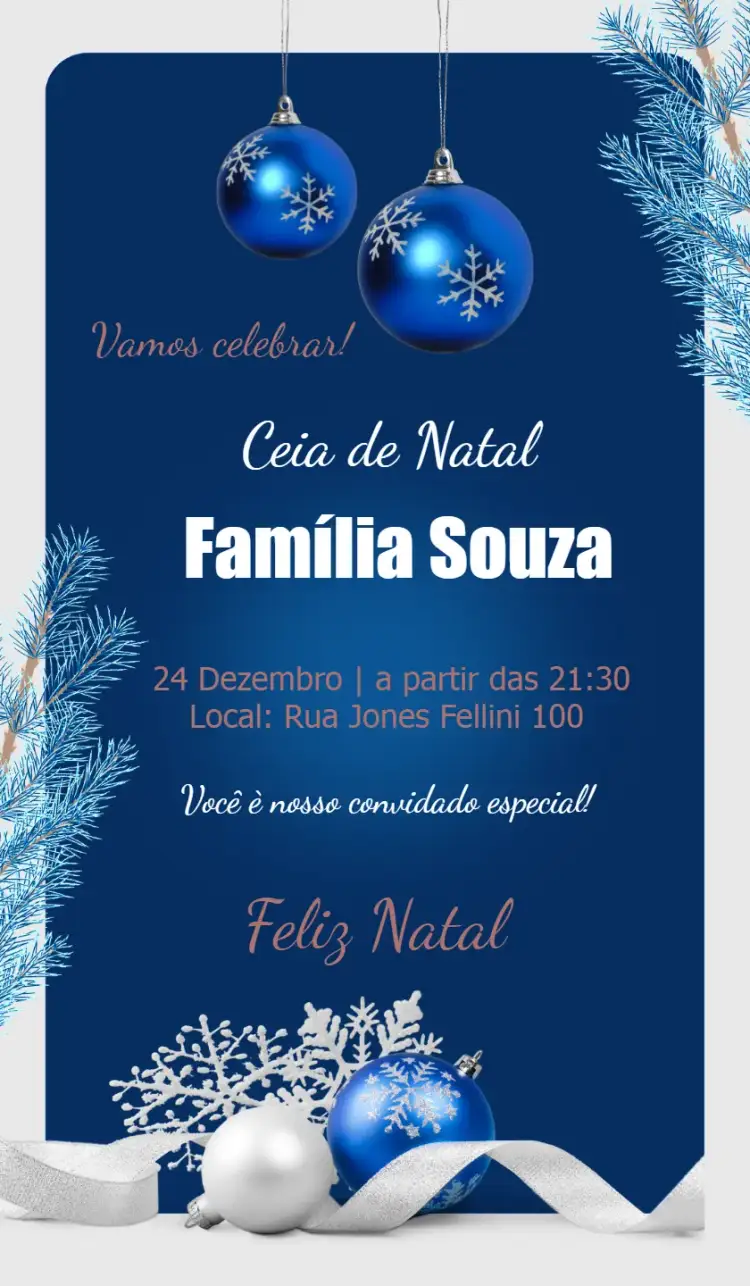 Convite Festa De Natal Azul E Prata Merry – tema Datas Comemorativas azul, prateado, moderno, elegante, festivo