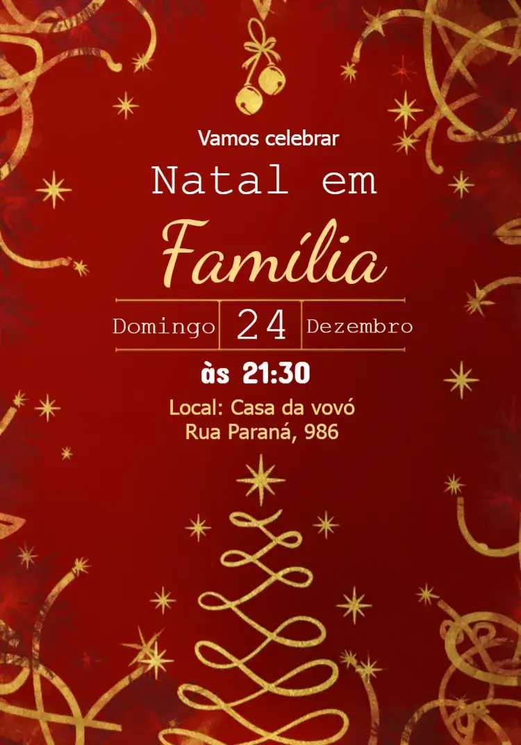 Convite Festa De Natal Christmas – tema Datas Comemorativas vermelho, dourado, natalino, elegante, festivo, moderno