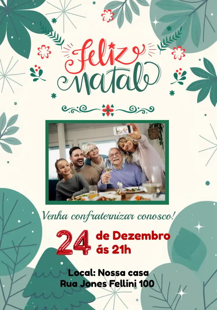 Convite Festa De Natal Com Foto Familia – tema Datas Comemorativas festivo, aconchegante, dourado, vermelho e verde, minimalista, vintage