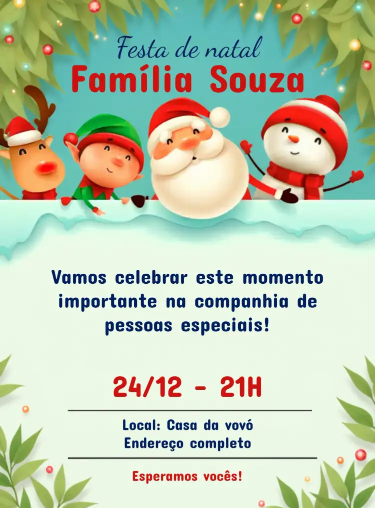 Convite Festa De Natal Em Família Boneco – tema Datas Comemorativas festivo, colorido, divertido, inspirado no inverno, ilustrações natalinas, estilo lúdico