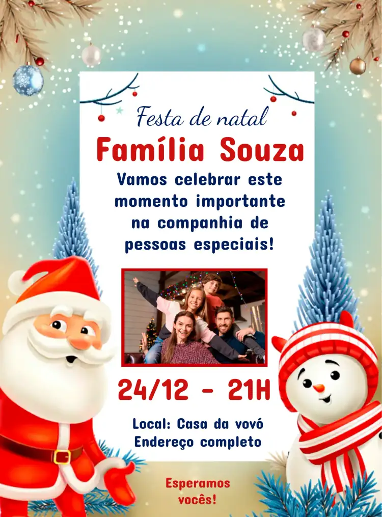 Convite Festa De Natal Em Família Com Foto Neve – tema Datas Comemorativas neve, natalino, familiar, mágico, colorido, festivo
