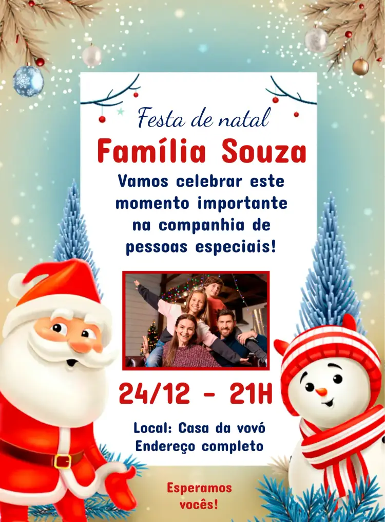 Convite Festa De Natal Em Família Com Foto Neve