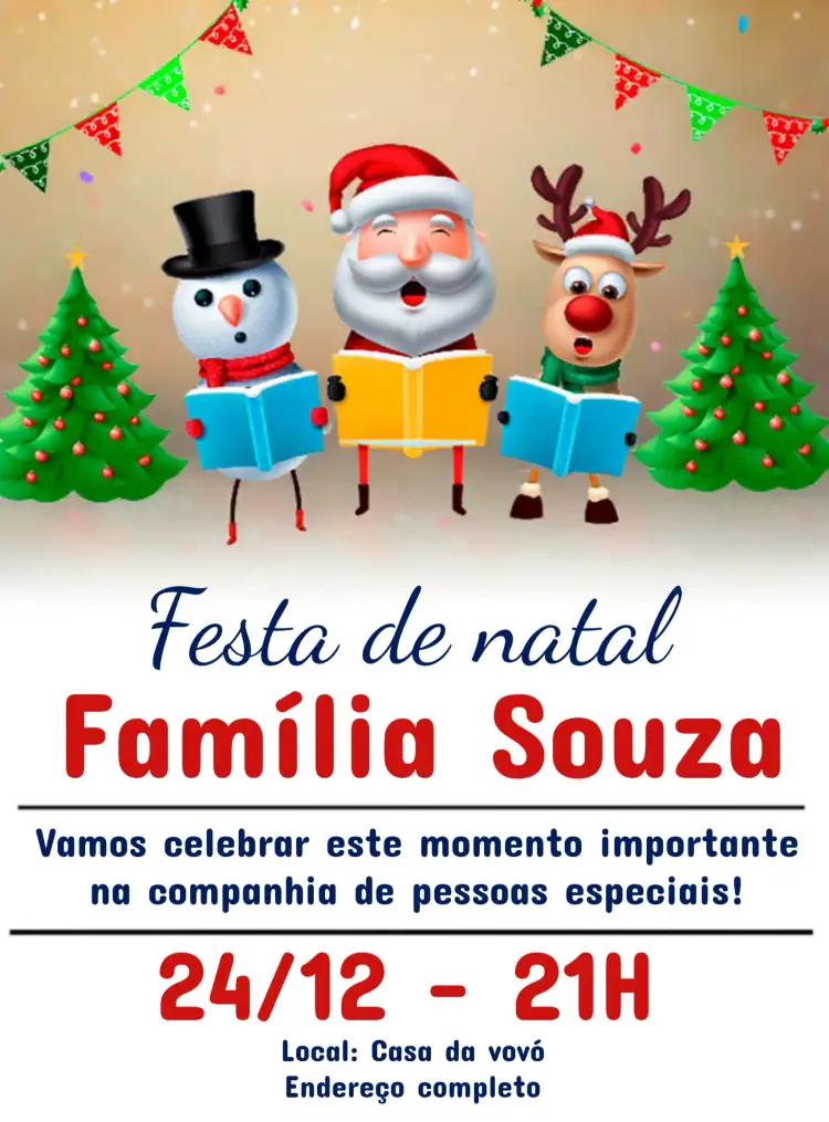Convite Festa De Natal Em Família Neve – tema Datas Comemorativas inverno, mágico, tradicional, festivo, colorido, aconchegante