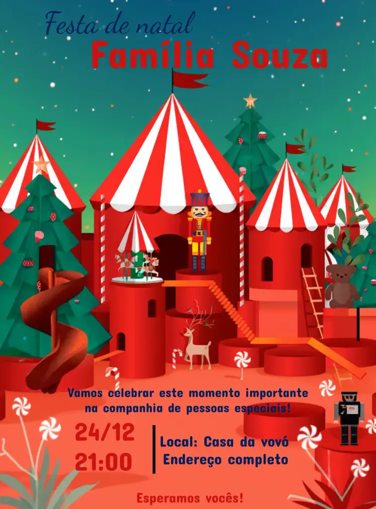 Convite Festa De Natal Em Família Papai – tema Datas Comemorativas festivo, colorido, clássico, divertido, infantil, vintage