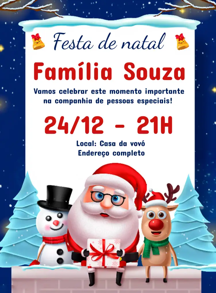 Convite Festa De Natal Em Família Rena – tema Datas Comemorativas natalino, colorido, divertido, inspirado em renas, neve, festivo