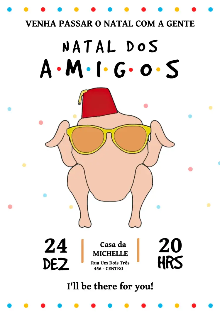Convite Festa De Natal Friends Chicken – tema Datas Comemorativas vibrante, divertido, colorido, moderno, inspirado em séries, temático